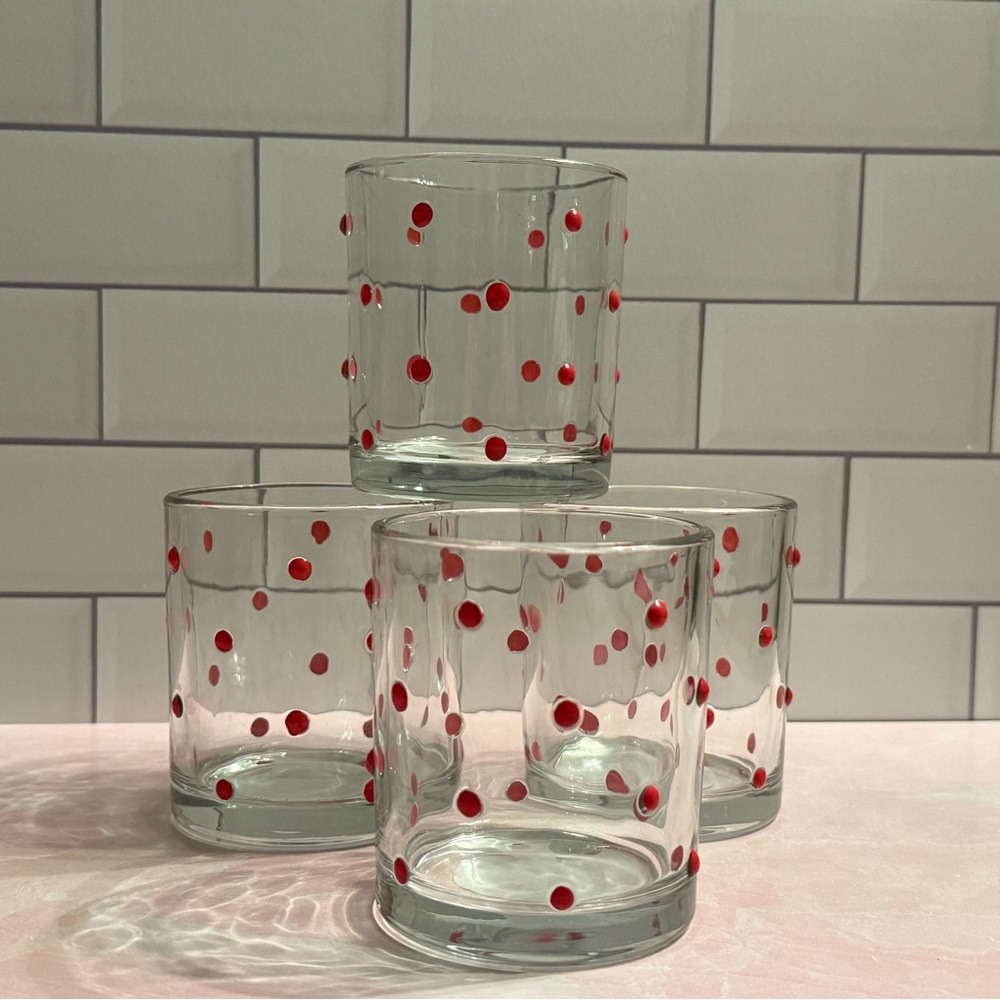 Set of 4 Retro / Boho Tumbler Glasses with Red Polka Dots